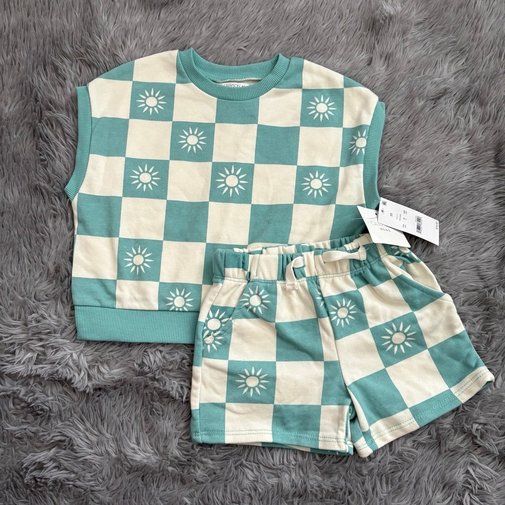 Grayson Mini Outfit Set Turquoise White Checkered Sun Toddler‎ 2T NEW Summer